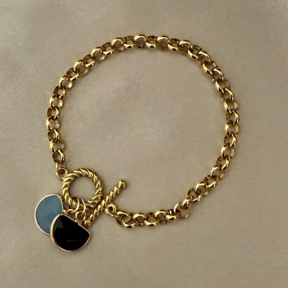 18k Gold Plated Stainless Steel Toggle Clasp Bracelet with Two Gemstone Charms - Picture 2 of 6